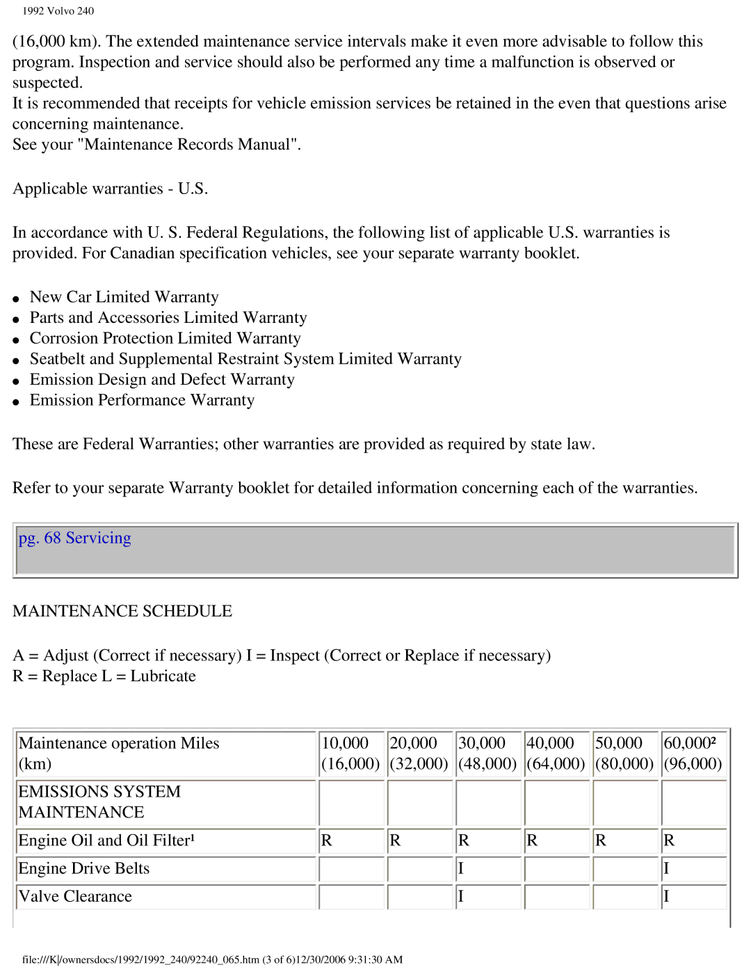 Volvo 1992 240 owner manual Pg Servicing, Maintenance Schedule 