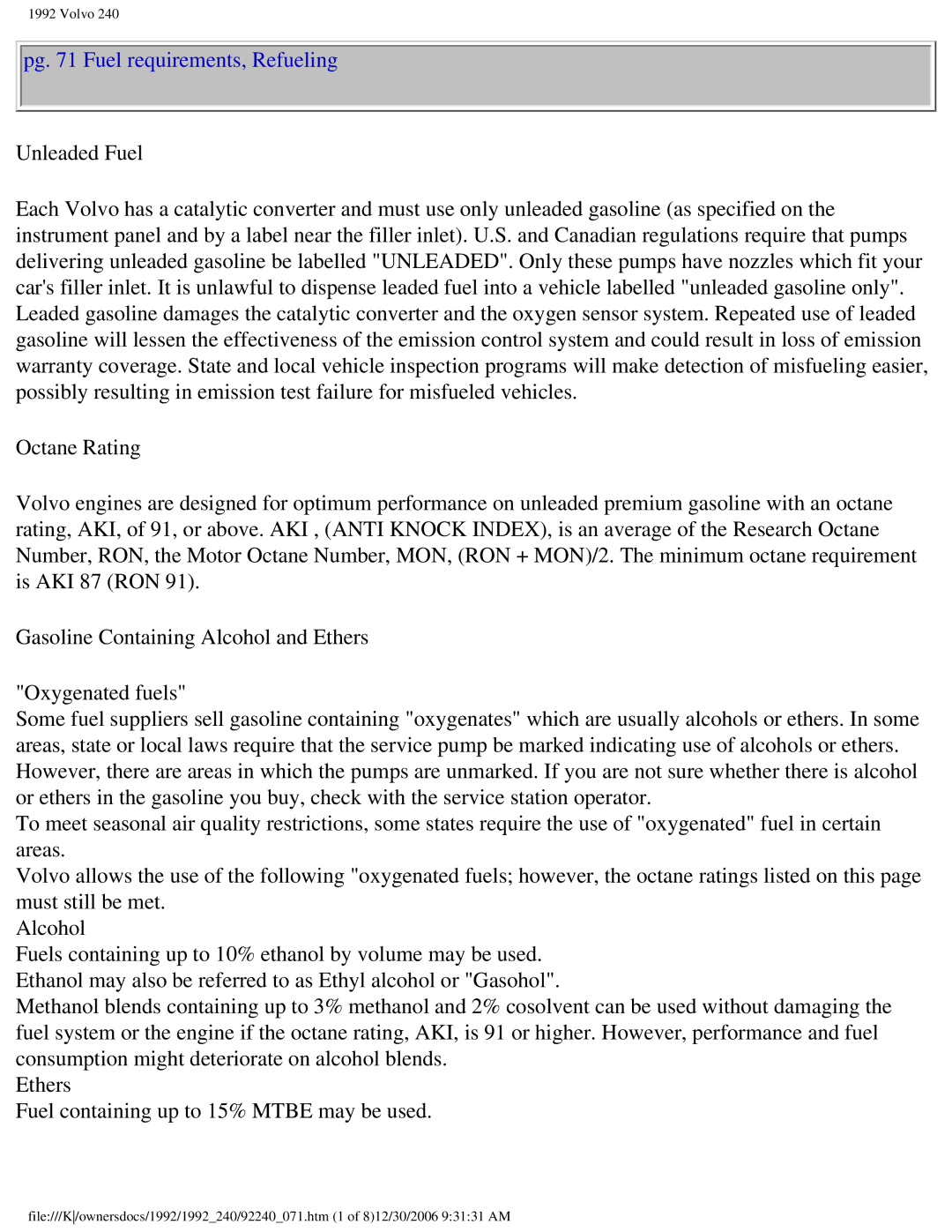 Volvo 1992 240 owner manual Pg Fuel requirements, Refueling 