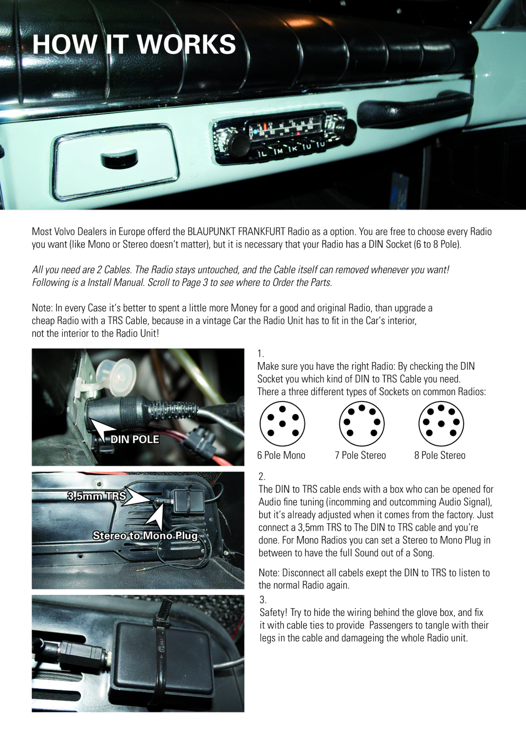 Volvo PV 444, PV 544, 121, 164, 1800 manual HOW IT Works, DIN Pole, 5mm TRS Stereo to Mono Plug 