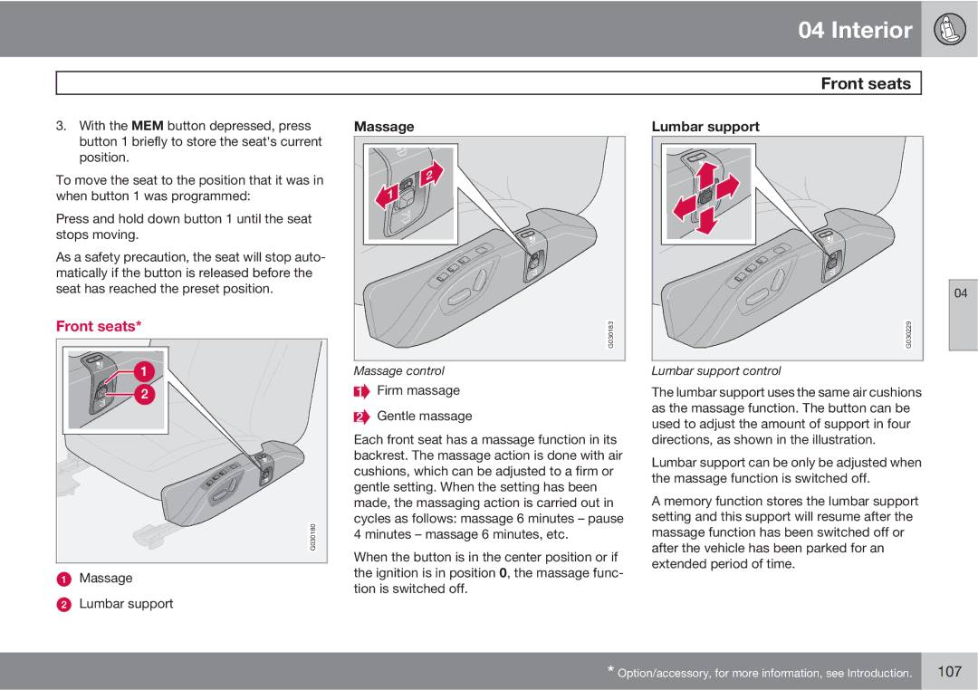 Volvo XC90 owner manual Front seats, Massage, Lumbar support 