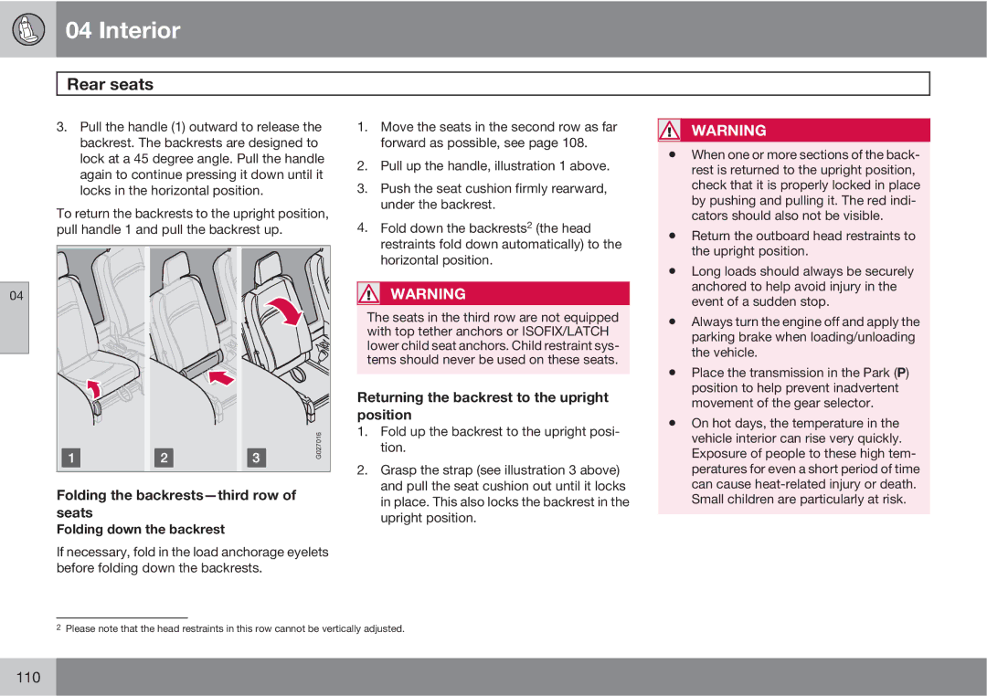 Volvo XC90 owner manual Returning the backrest to the upright position 