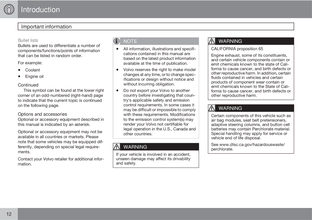 Volvo XC90 owner manual Bullet lists, Options and accessories, California proposition 