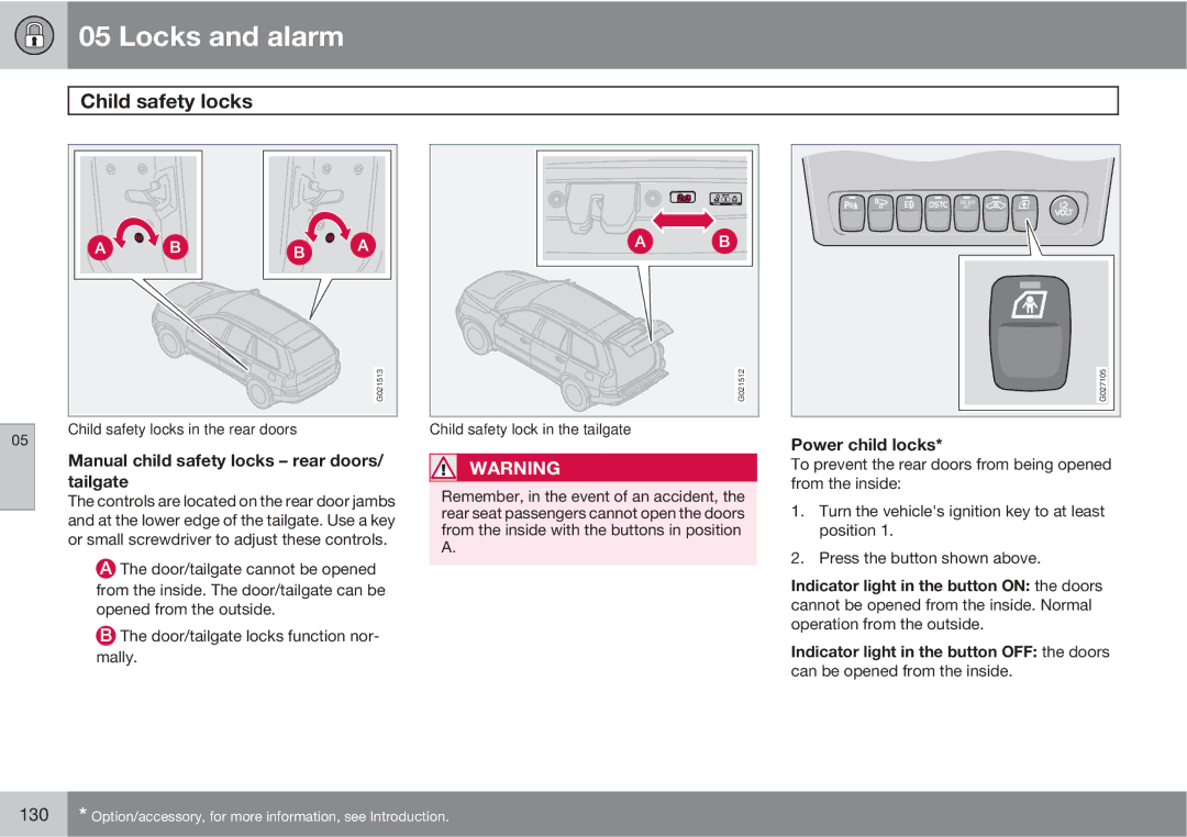 Volvo XC90 owner manual Child safety locks, Manual child safety locks rear doors/ tailgate 