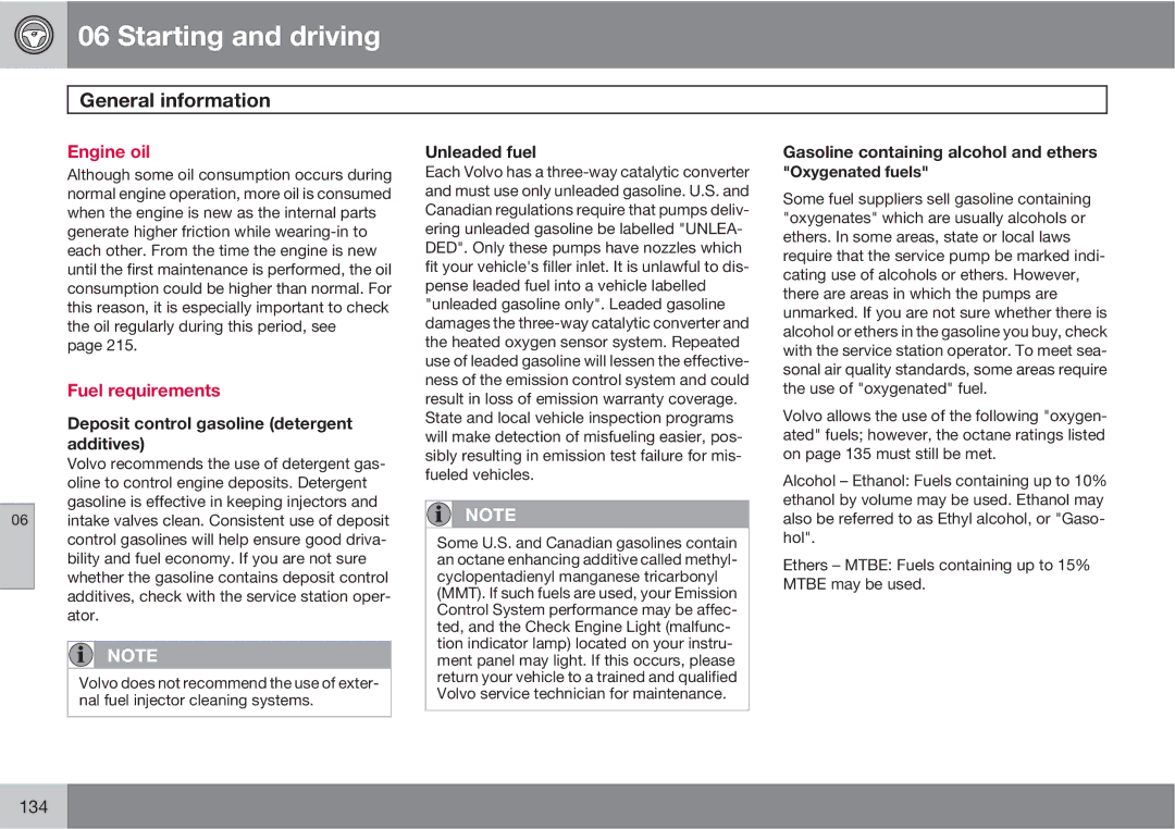 Volvo XC90 owner manual General information, Engine oil, Fuel requirements 