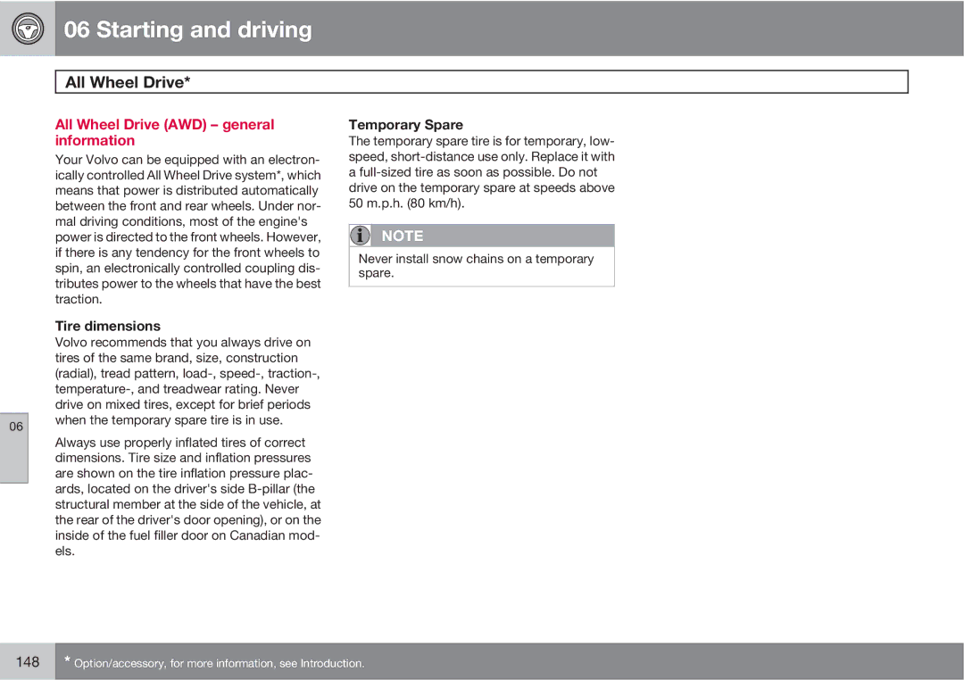 Volvo XC90 owner manual All Wheel Drive AWD general information, Tire dimensions, Temporary Spare 