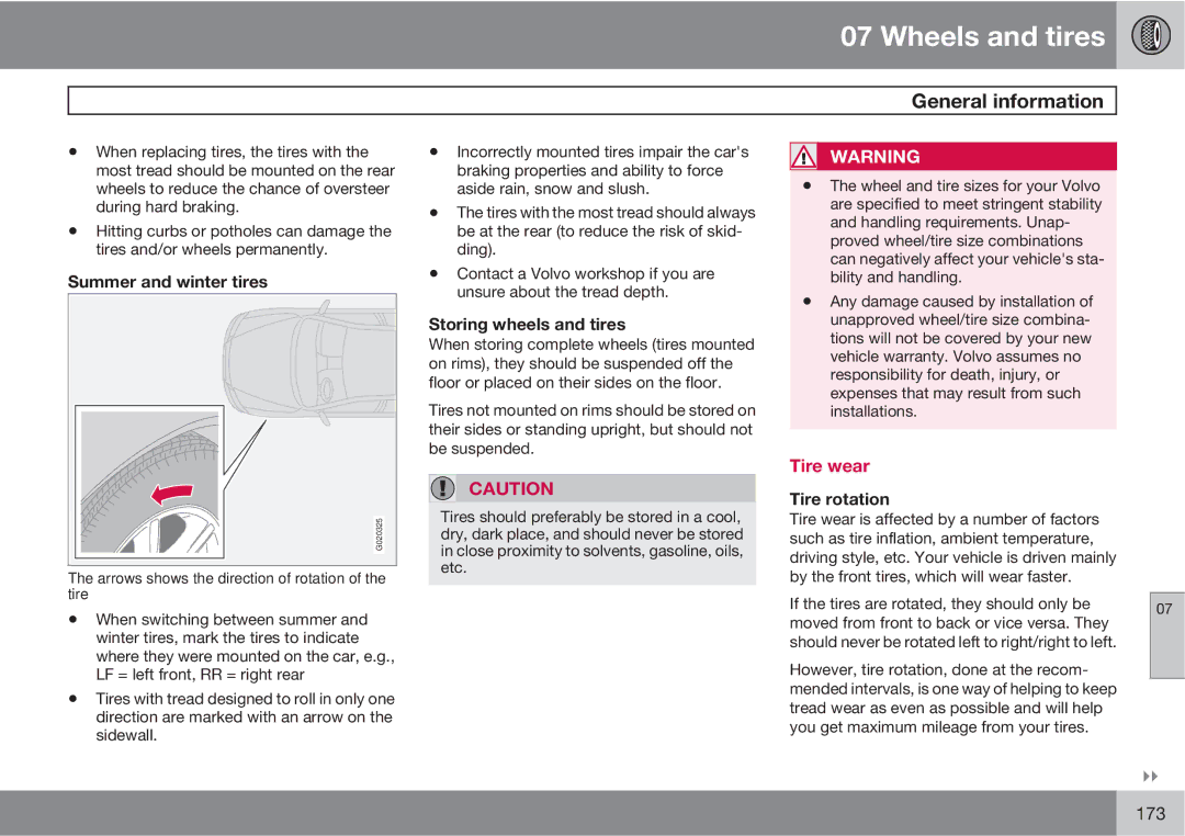 Volvo XC90 owner manual Tire wear, Summer and winter tires, Storing wheels and tires, Tire rotation 