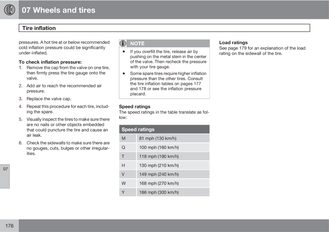 Volvo XC90 owner manual To check inflation pressure, Load ratings, Speed ratings 