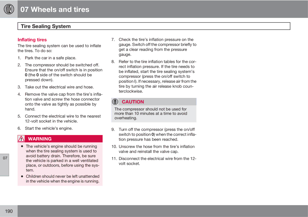 Volvo XC90 owner manual Inflating tires 