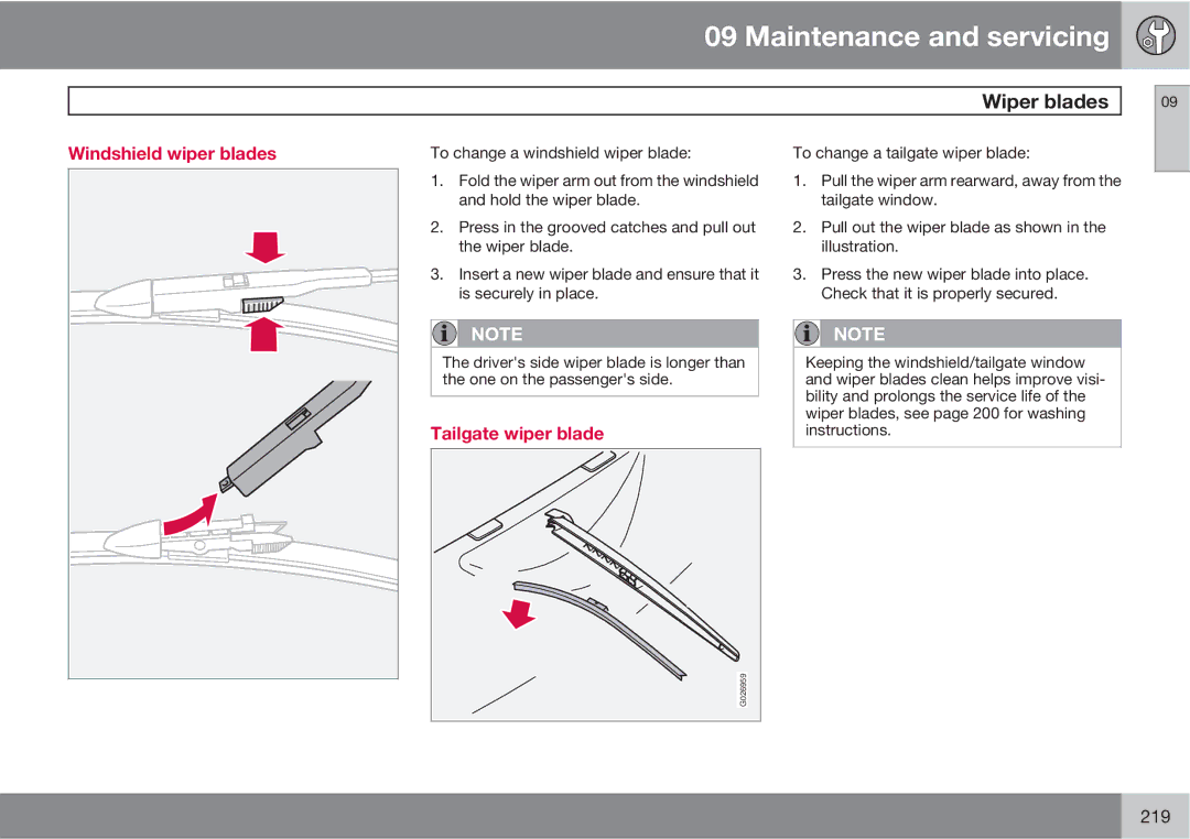 Volvo XC90 owner manual Wiper blades, Windshield wiper blades, Tailgate wiper blade 