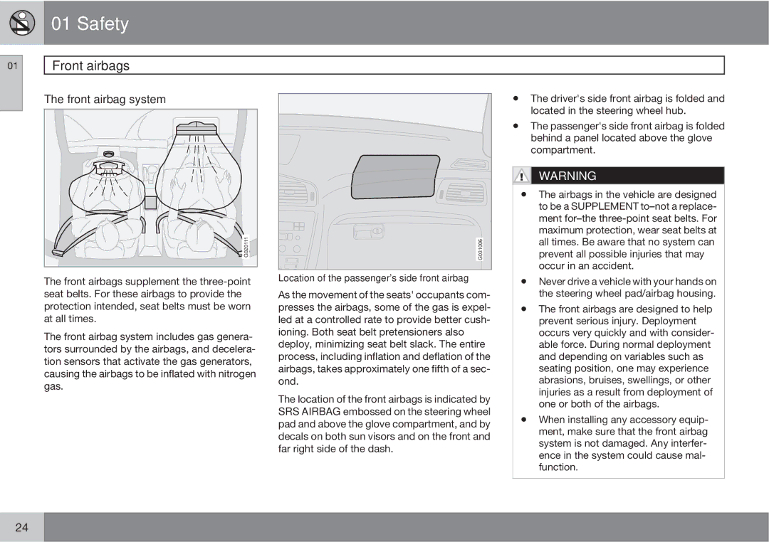 Volvo XC90 owner manual Front airbags, Front airbag system 