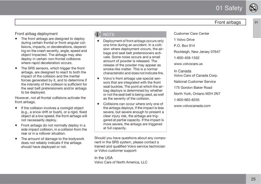 Volvo XC90 owner manual Front airbag deployment, Canada 