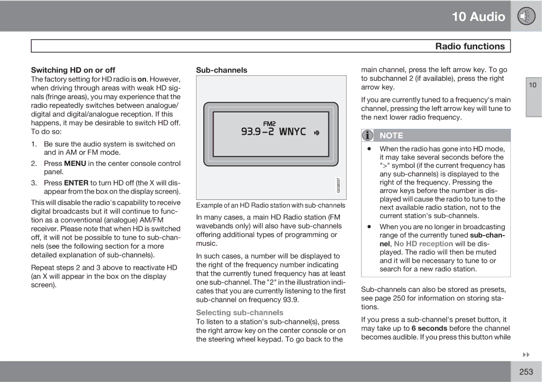 Volvo XC90 owner manual Switching HD on or off, Sub-channels, Selecting sub-channels 