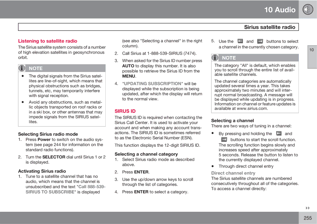 Volvo XC90 owner manual Sirius satellite radio, Listening to satellite radio, Direct channel entry 