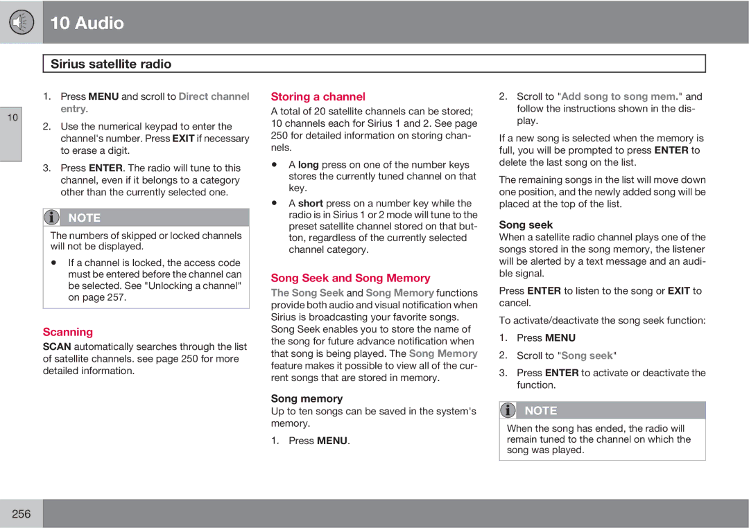 Volvo XC90 owner manual Scanning, Storing a channel, Song Seek and Song Memory, Song memory, Song seek 