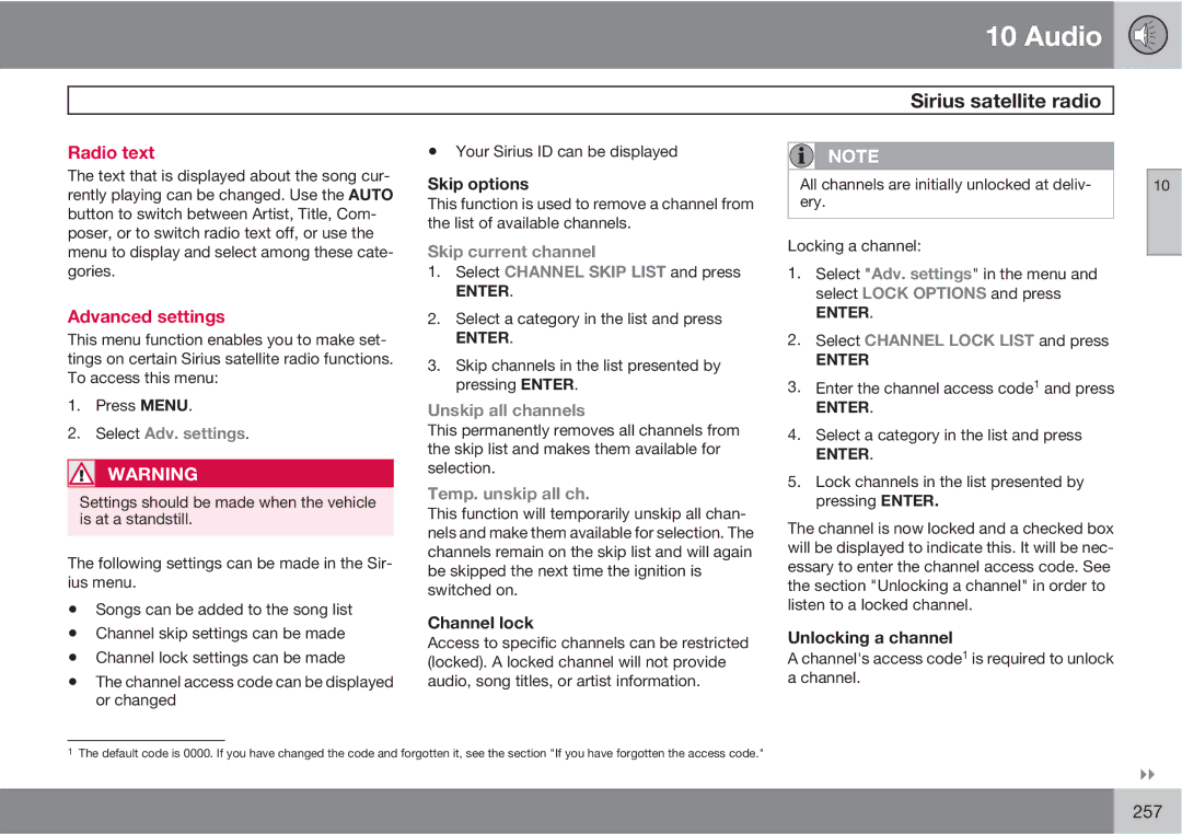 Volvo XC90 Advanced settings, Skip current channel, Unskip all channels, Select Adv. settings, Temp. unskip all ch 