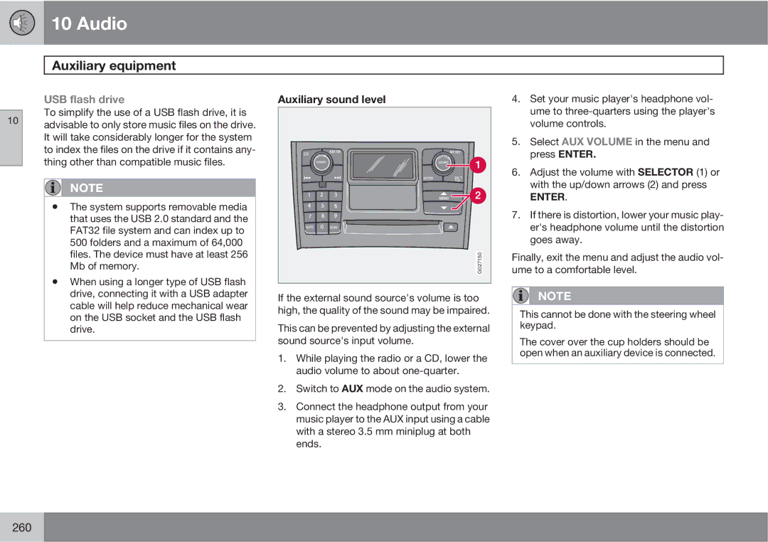 Volvo XC90 owner manual USB flash drive, Auxiliary sound level 