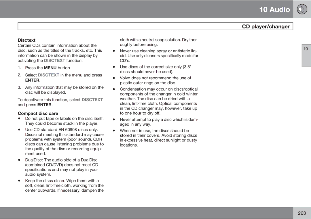 Volvo XC90 owner manual Disctext, Compact disc care 