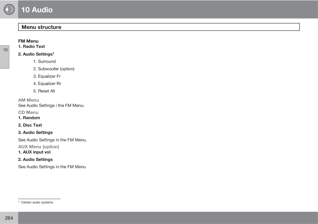 Volvo XC90 owner manual Menu structure, AM Menu, CD Menu, AUX Menu option 