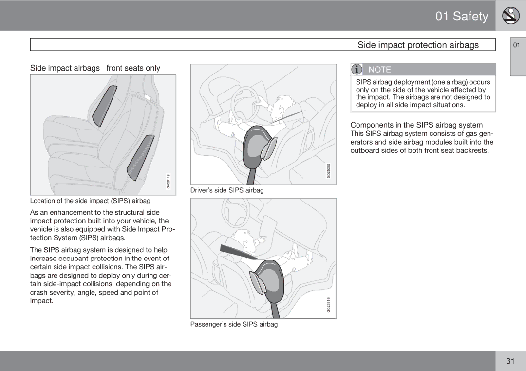 Volvo XC90 Side impact protection airbags, Side impact airbags front seats only, Components in the Sips airbag system 