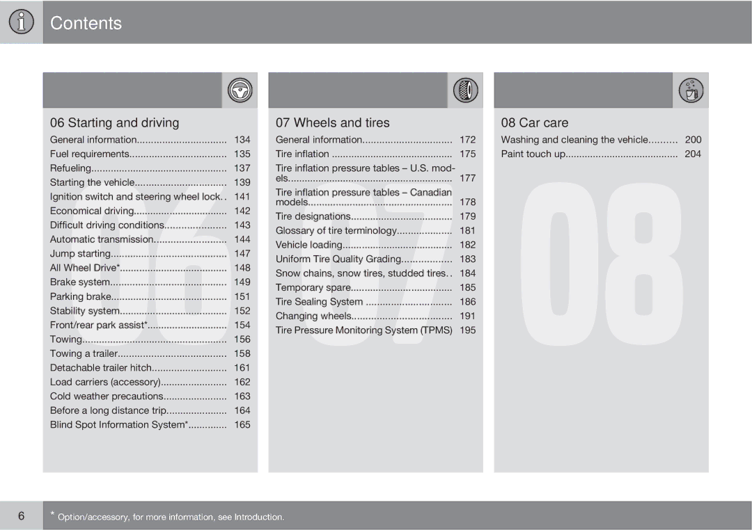 Volvo XC90 owner manual Starting and driving, Wheels and tires, Car care 