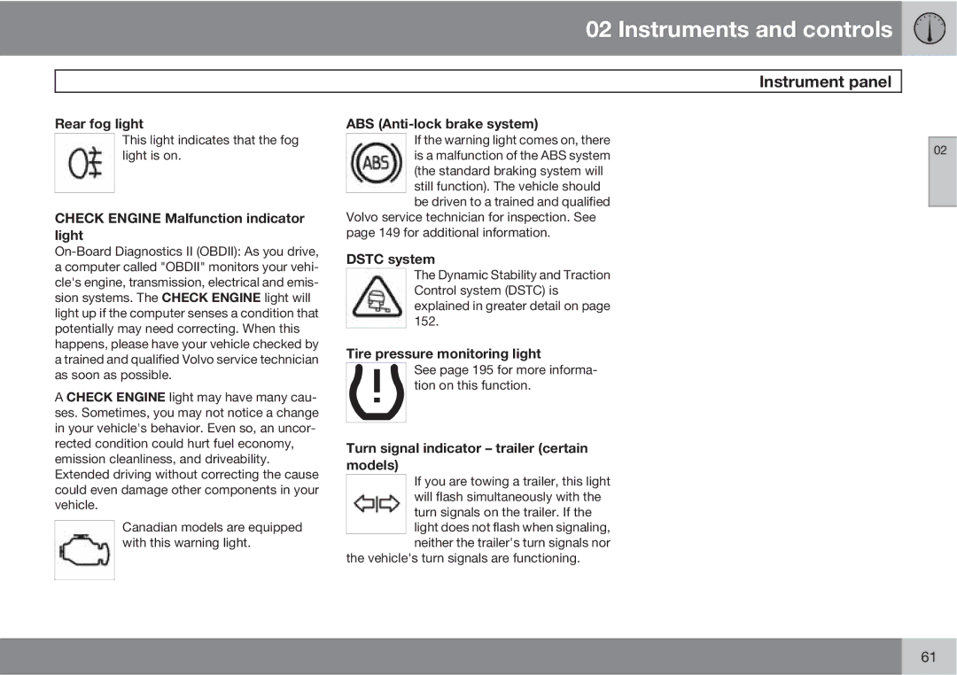 Volvo XC90 owner manual Rear fog light, Check Engine Malfunction indicator light, ABS Anti-lock brake system, Dstc system 