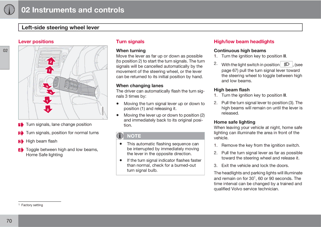 Volvo XC90 owner manual Left-side steering wheel lever, Lever positions, Turn signals, High/low beam headlights 