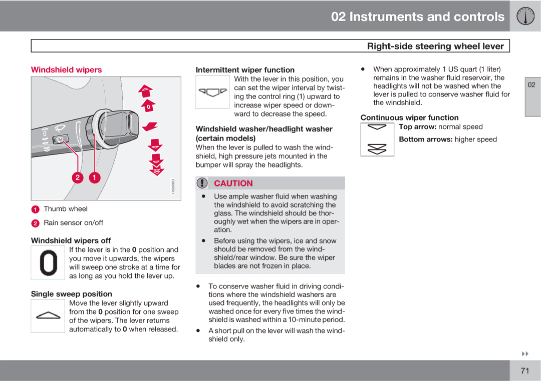 Volvo XC90 owner manual Right-side steering wheel lever, Windshield wipers 