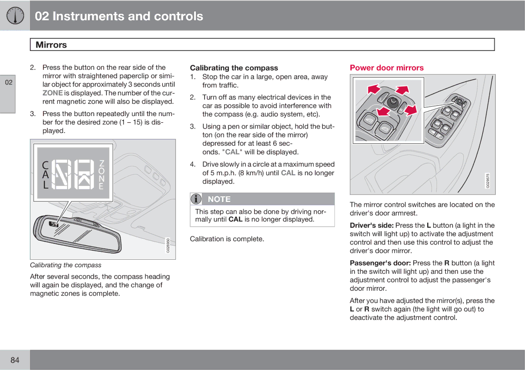 Volvo XC90 owner manual Power door mirrors, Calibrating the compass 