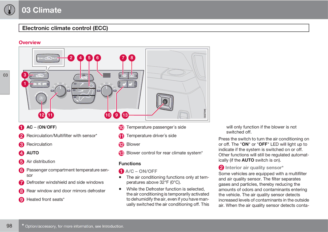 Volvo XC90 owner manual Electronic climate control ECC, Overview, Functions, On/Off, Interior air quality sensor 