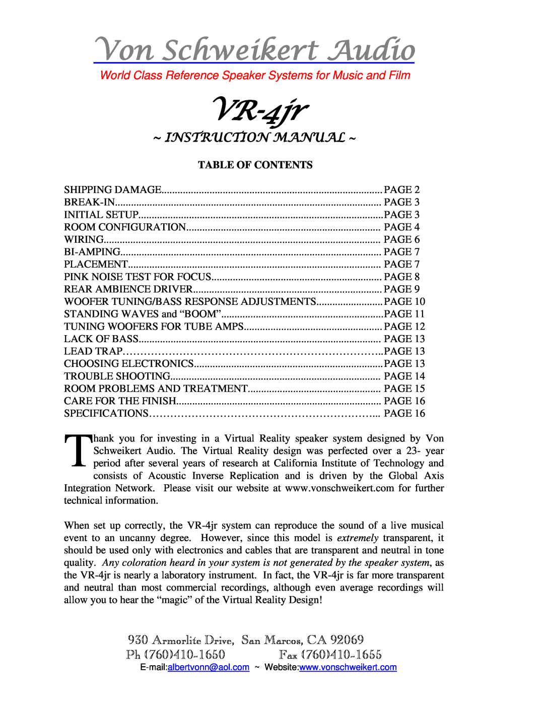 Von Schweikert Audio VR-4jr instruction manual Von Schweikert Audio, Armorlite Drive, San Marcos, CA, Table Of Contents 