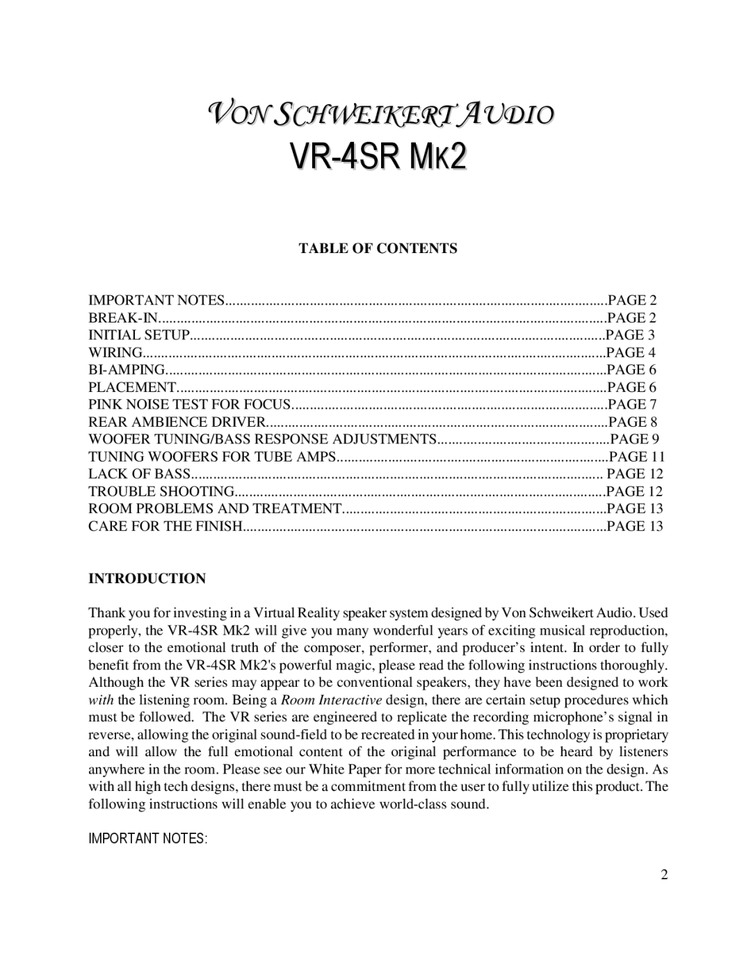 Von Schweikert Audio VR-4SR MK2 manual Table of Contents, Introduction 