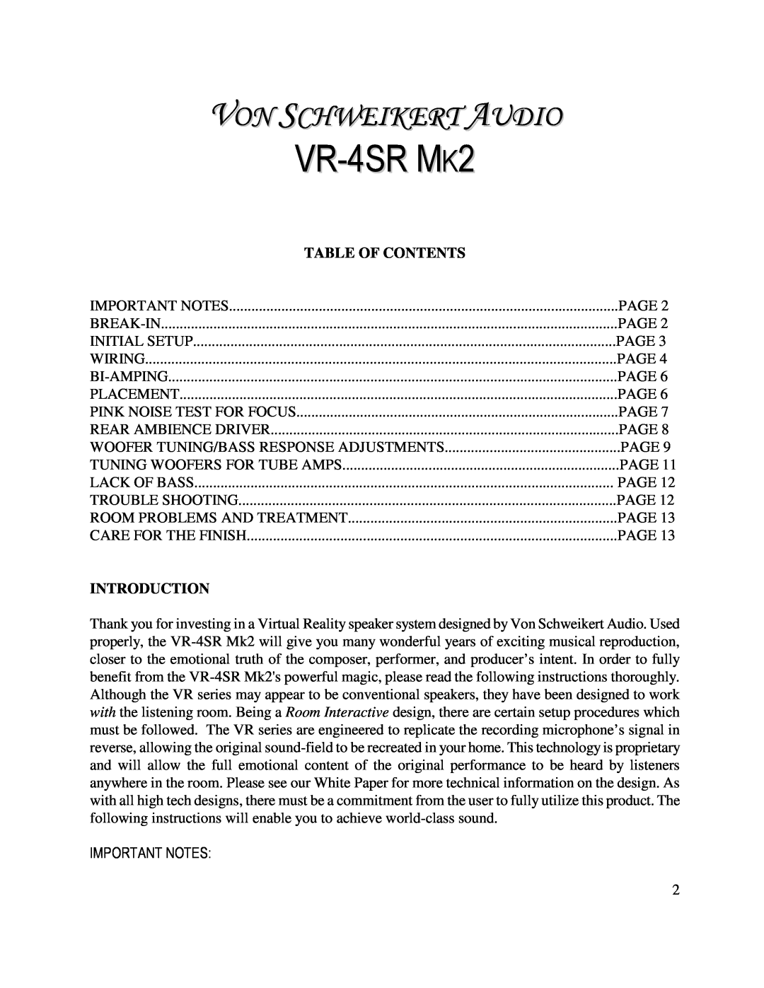 Von Schweikert Audio VR-4SR MK2 manual Important Notes, VR-4SRMK2, Von Schweikert Audio, Table Of Contents, Introduction 