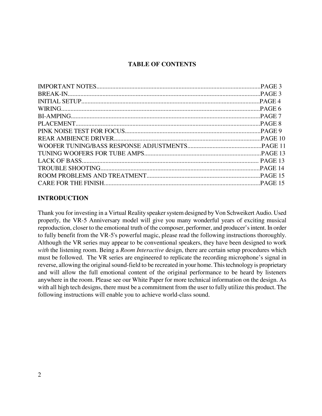 Von Schweikert Audio VR-5 manual Table of Contents, Introduction 