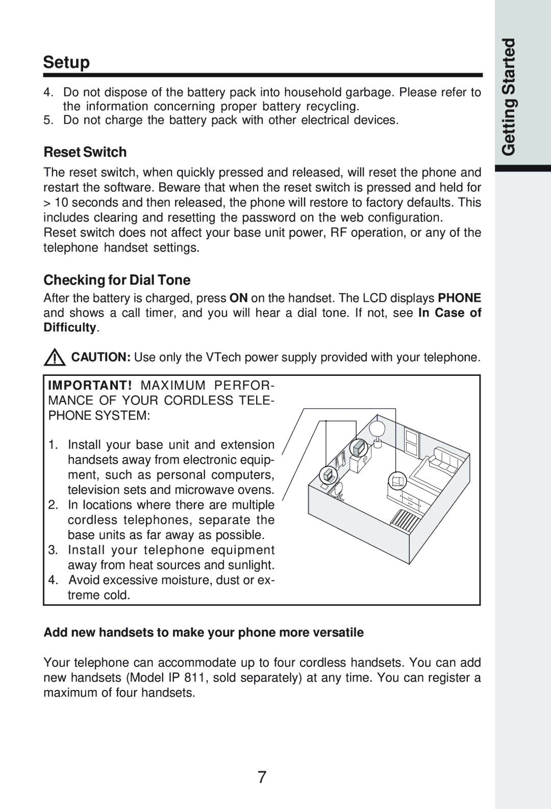 Vonage IP8100-2/81003 manual Getting Started, Reset Switch, Checking for Dial Tone 