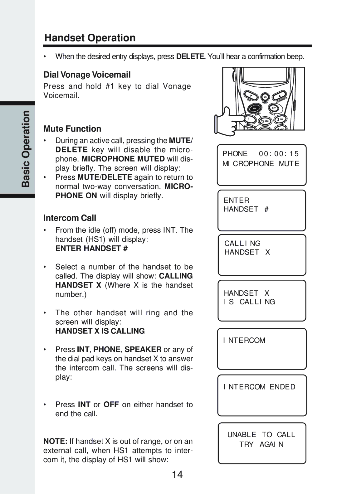 Vonage IP8100-2/81003 manual Dial Vonage Voicemail, Mute Function, Intercom Call 