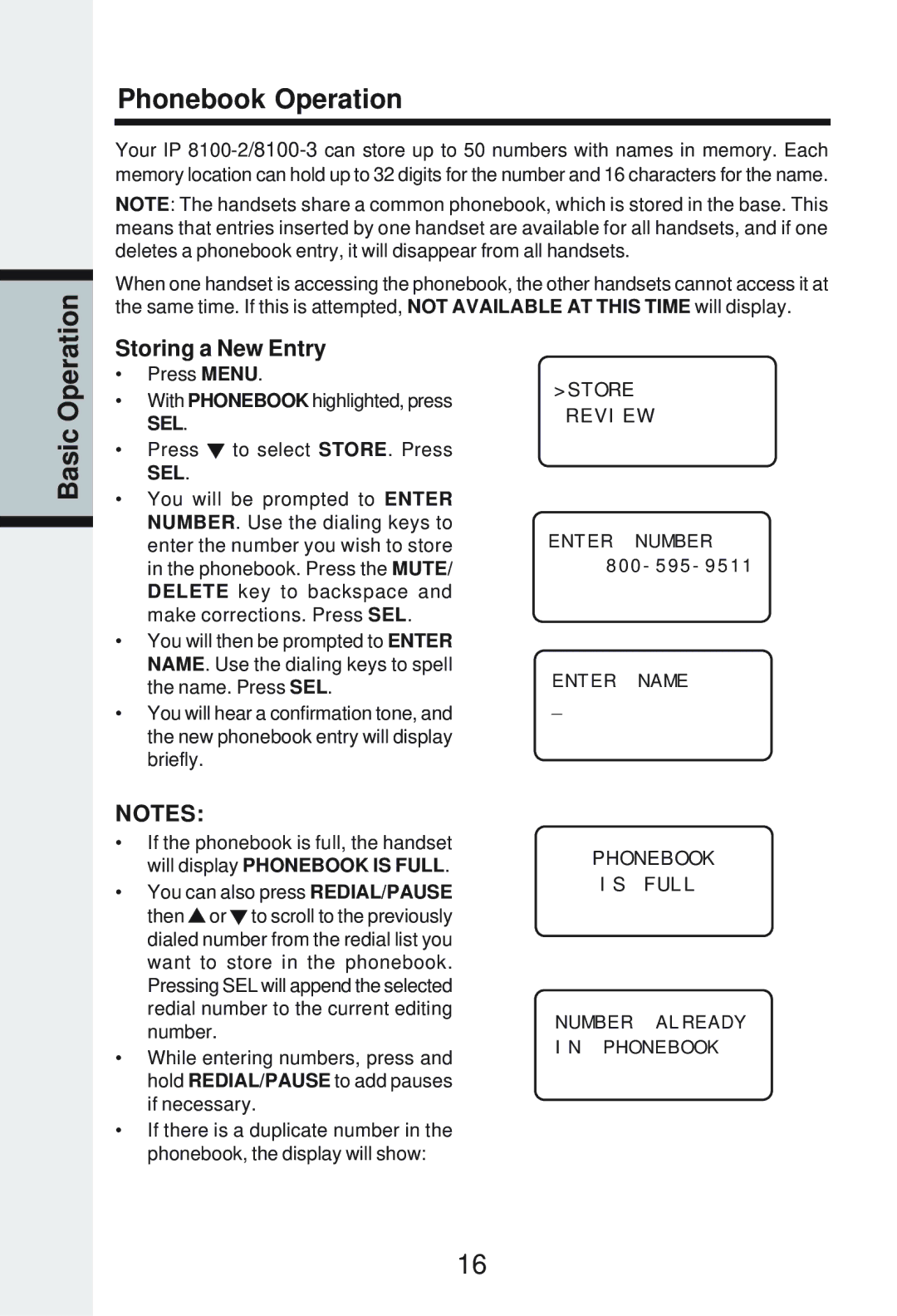 Vonage IP8100-2/81003 manual Phonebook Operation, Basic Operation Storing a New Entry 