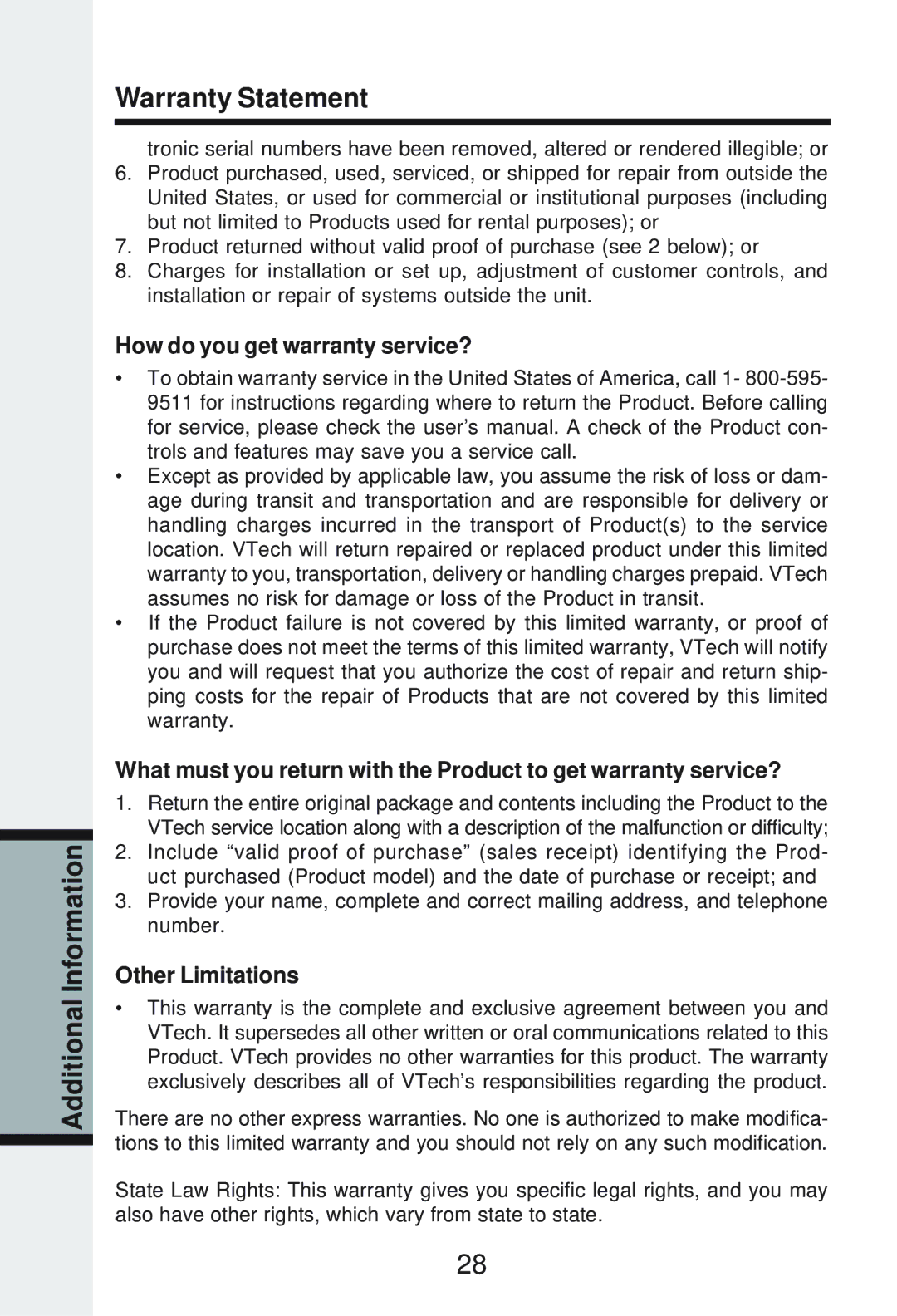 Vonage IP8100-2/81003 manual Additional Information Warranty Statement, How do you get warranty service?, Other Limitations 