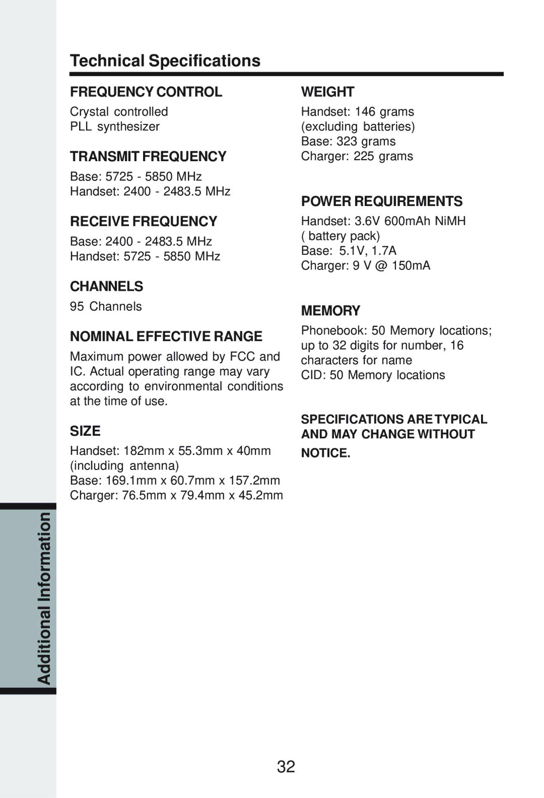 Vonage IP8100-2/81003 manual Technical Specifications, Nominal Effective Range 