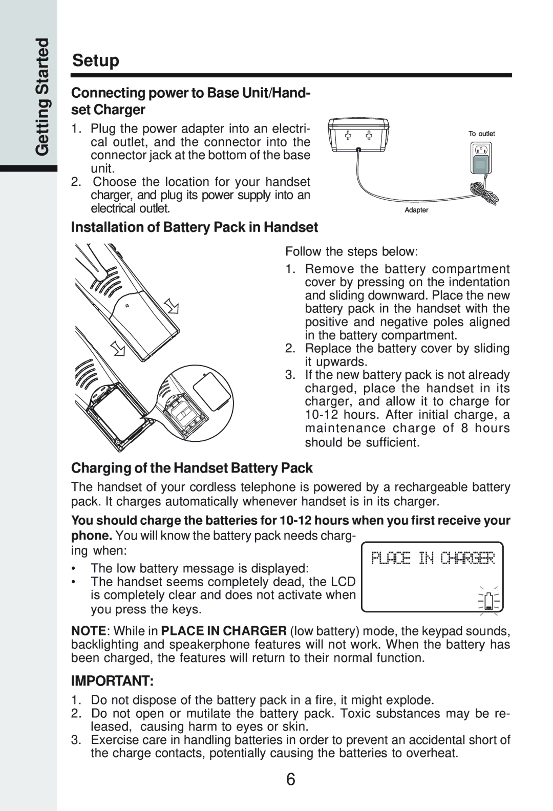 Vonage IP8100-2/81003 manual Getting Started Setup, Connecting power to Base Unit/Hand- set Charger 