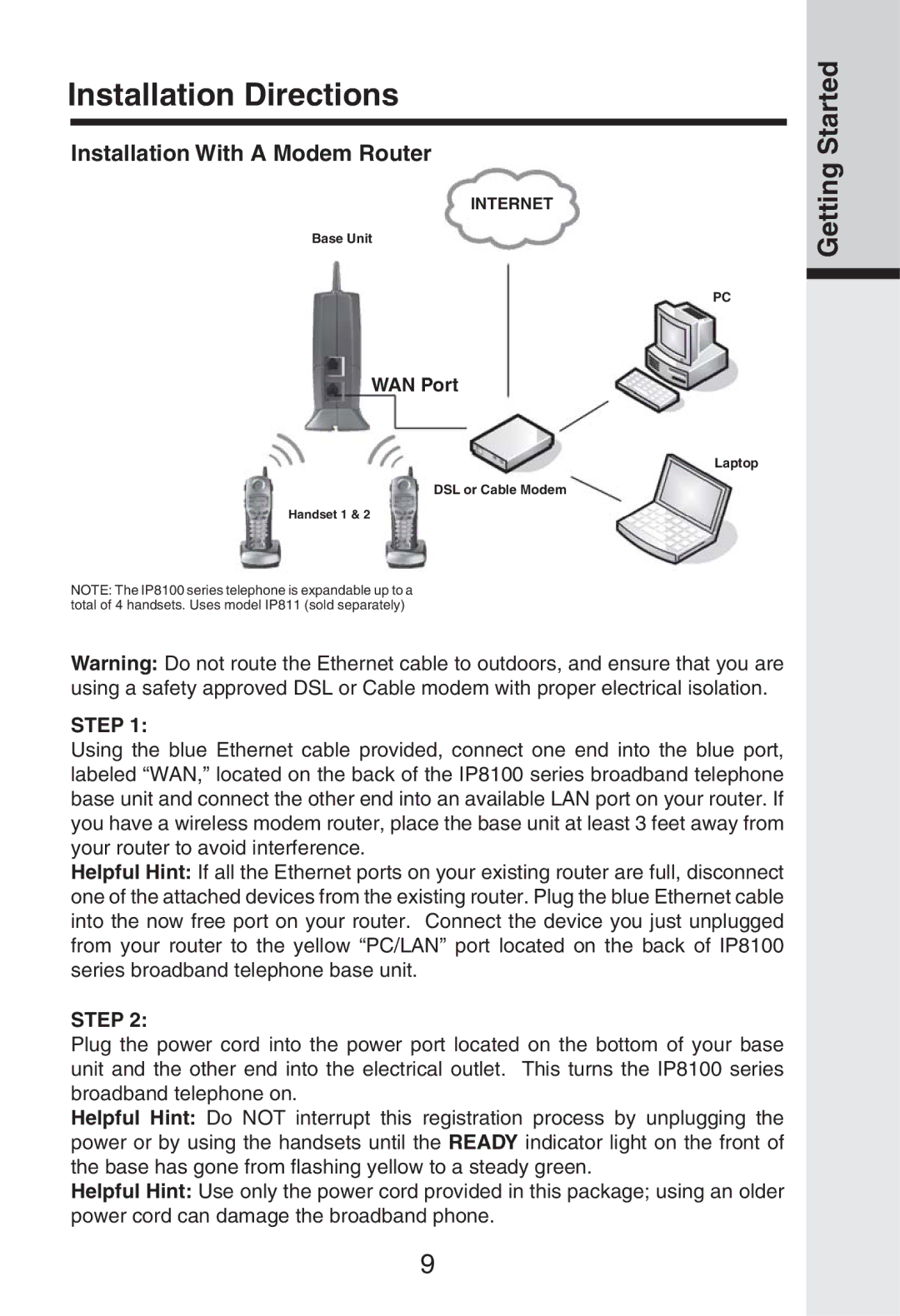 Vonage IP8100 manual Installation With a Modem Router 