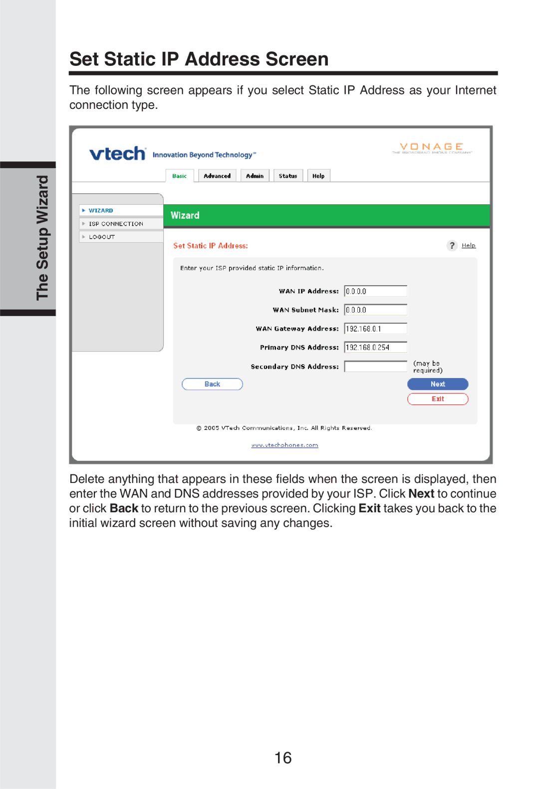 Vonage IP8100 manual Set Static IP Address Screen 