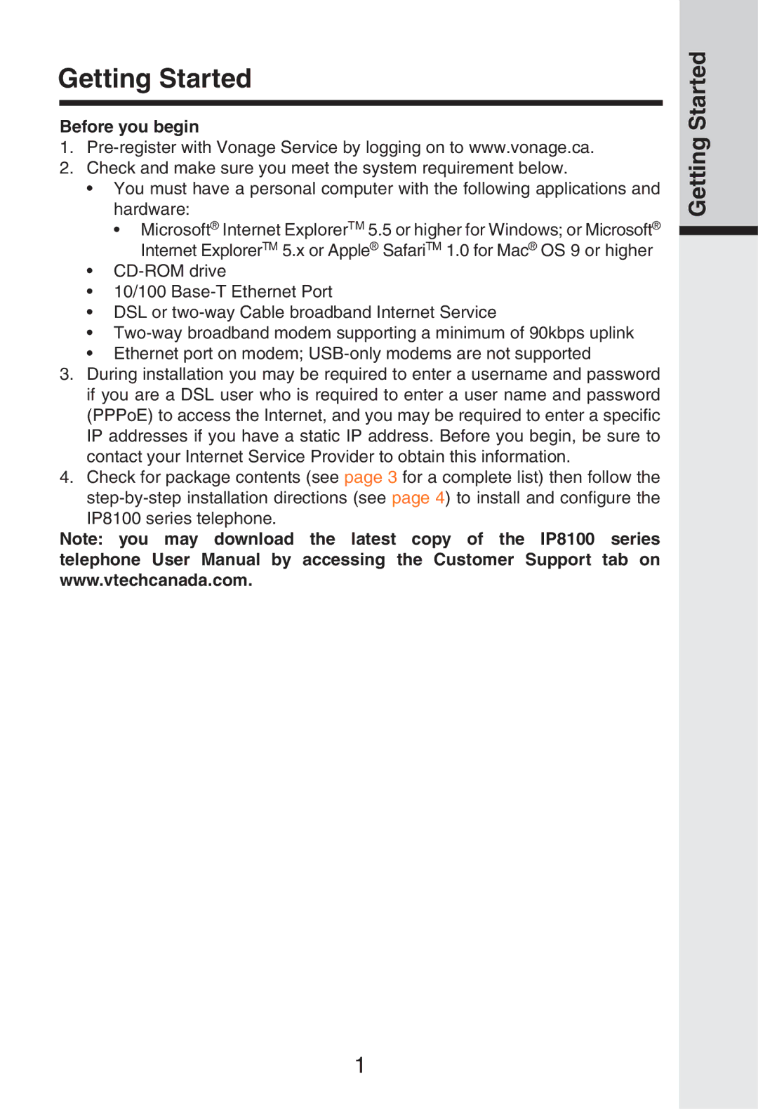 Vonage IP8100 manual Getting Started, Before you begin 