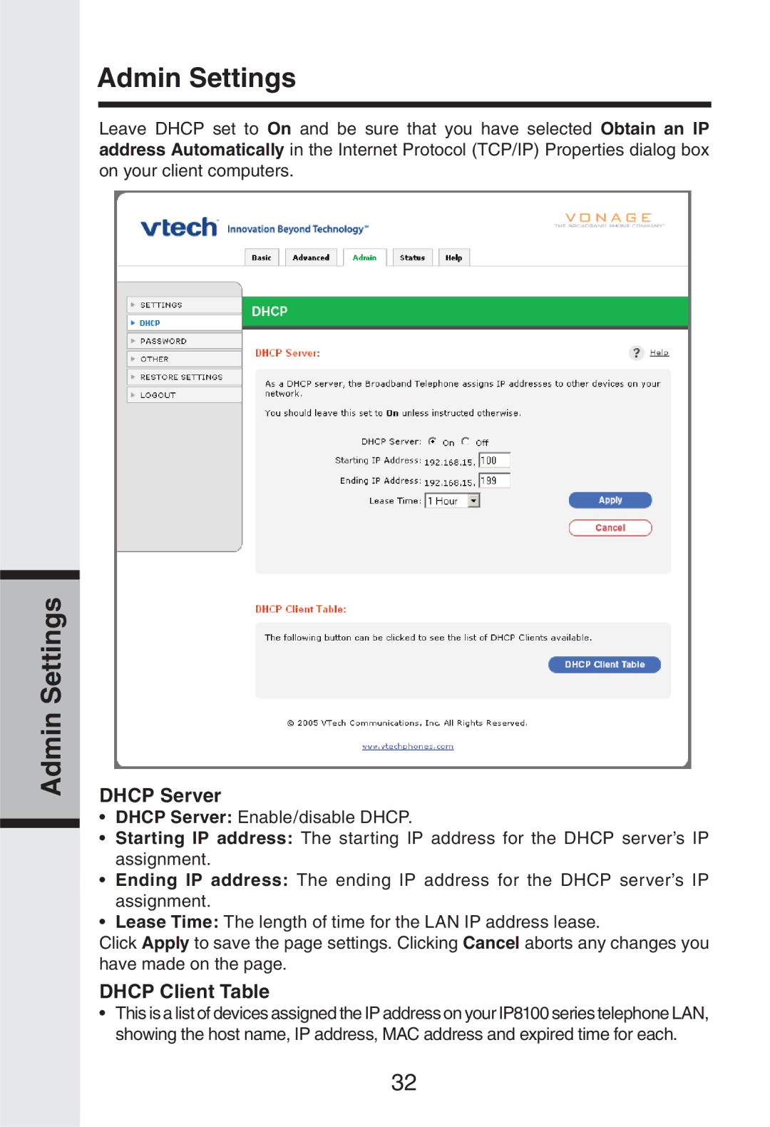 Vonage IP8100 manual Dhcp Server, Dhcp Client Table 