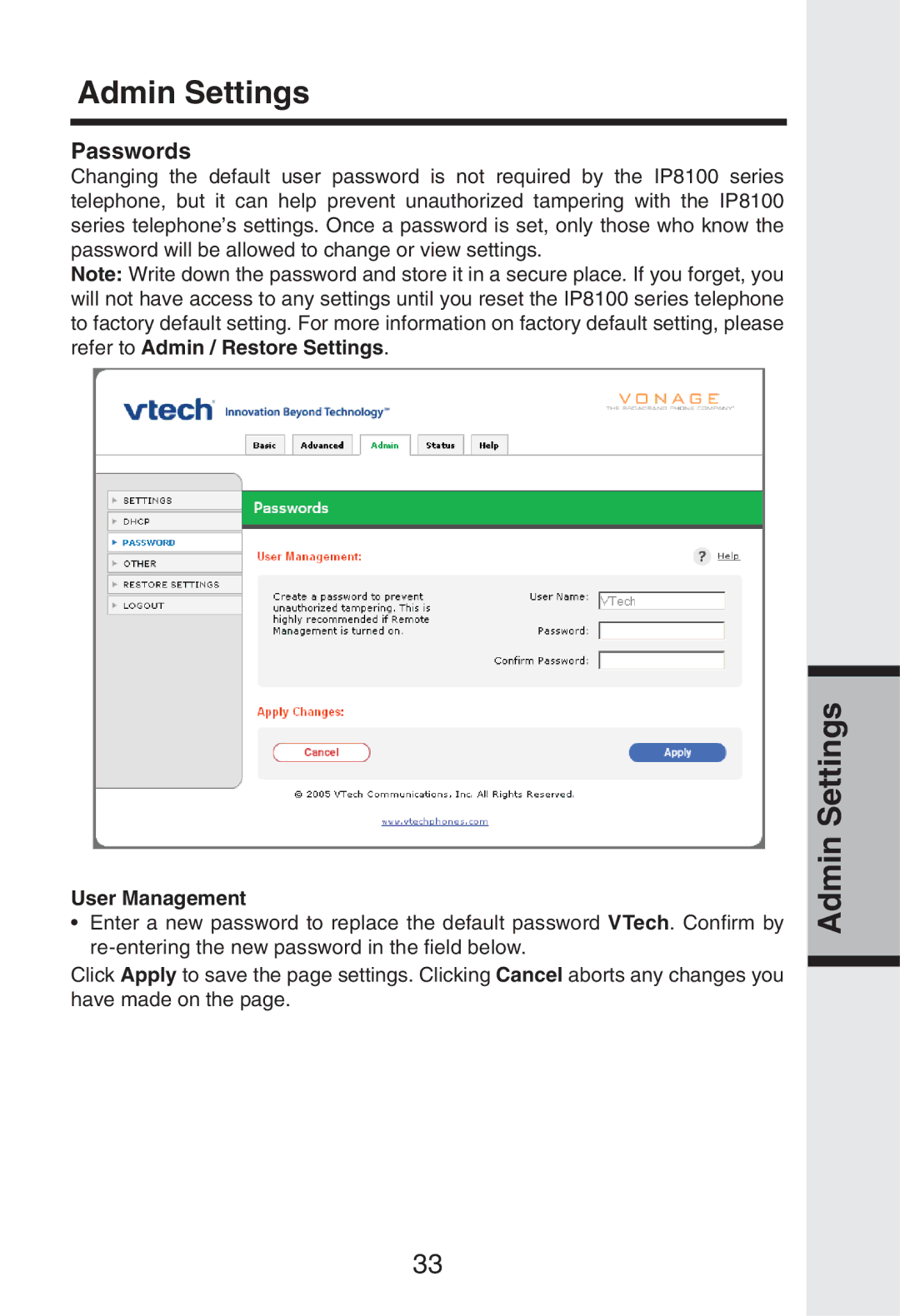 Vonage IP8100 manual Passwords, User Management 