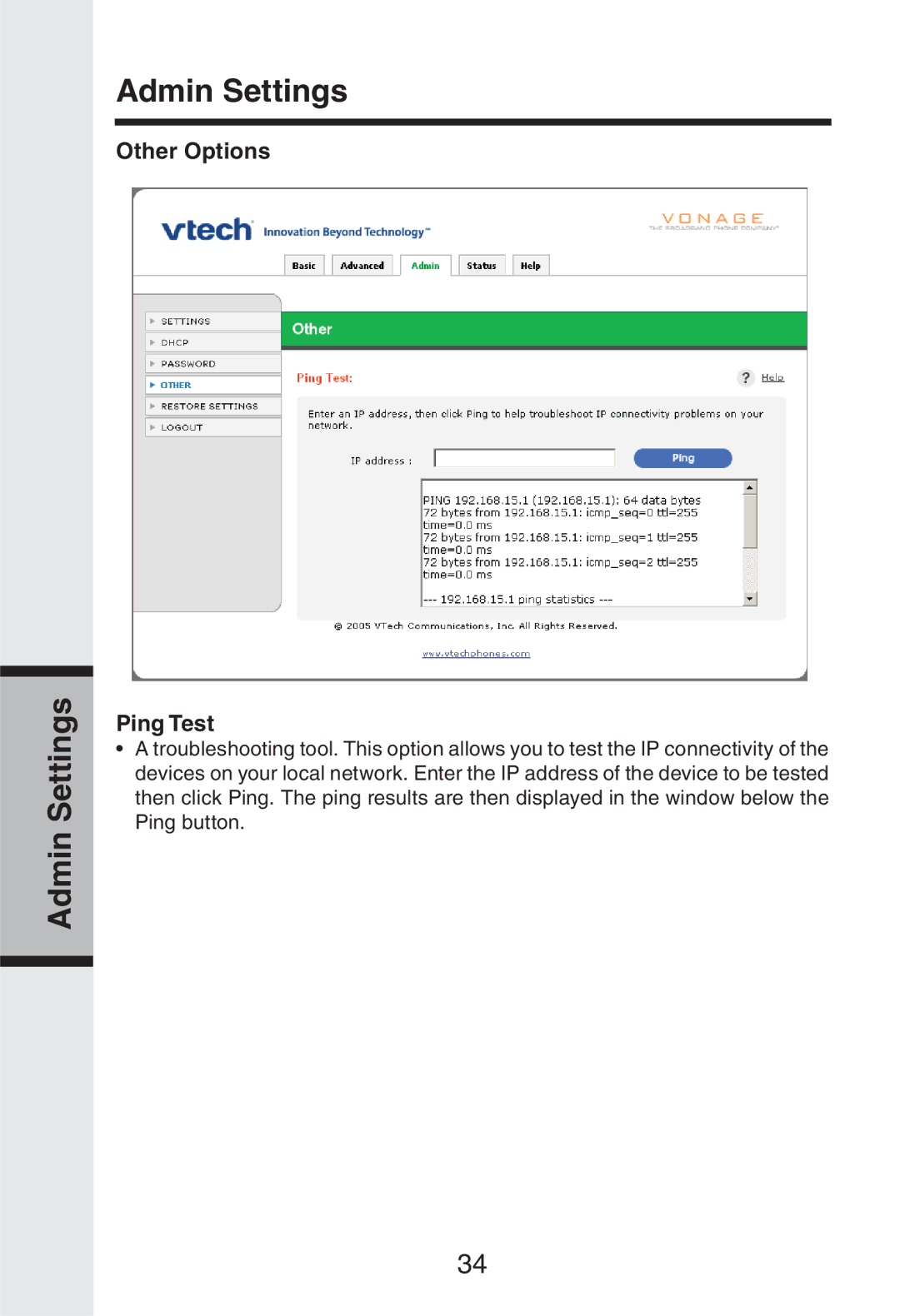 Vonage IP8100 manual Other Options Ping Test 