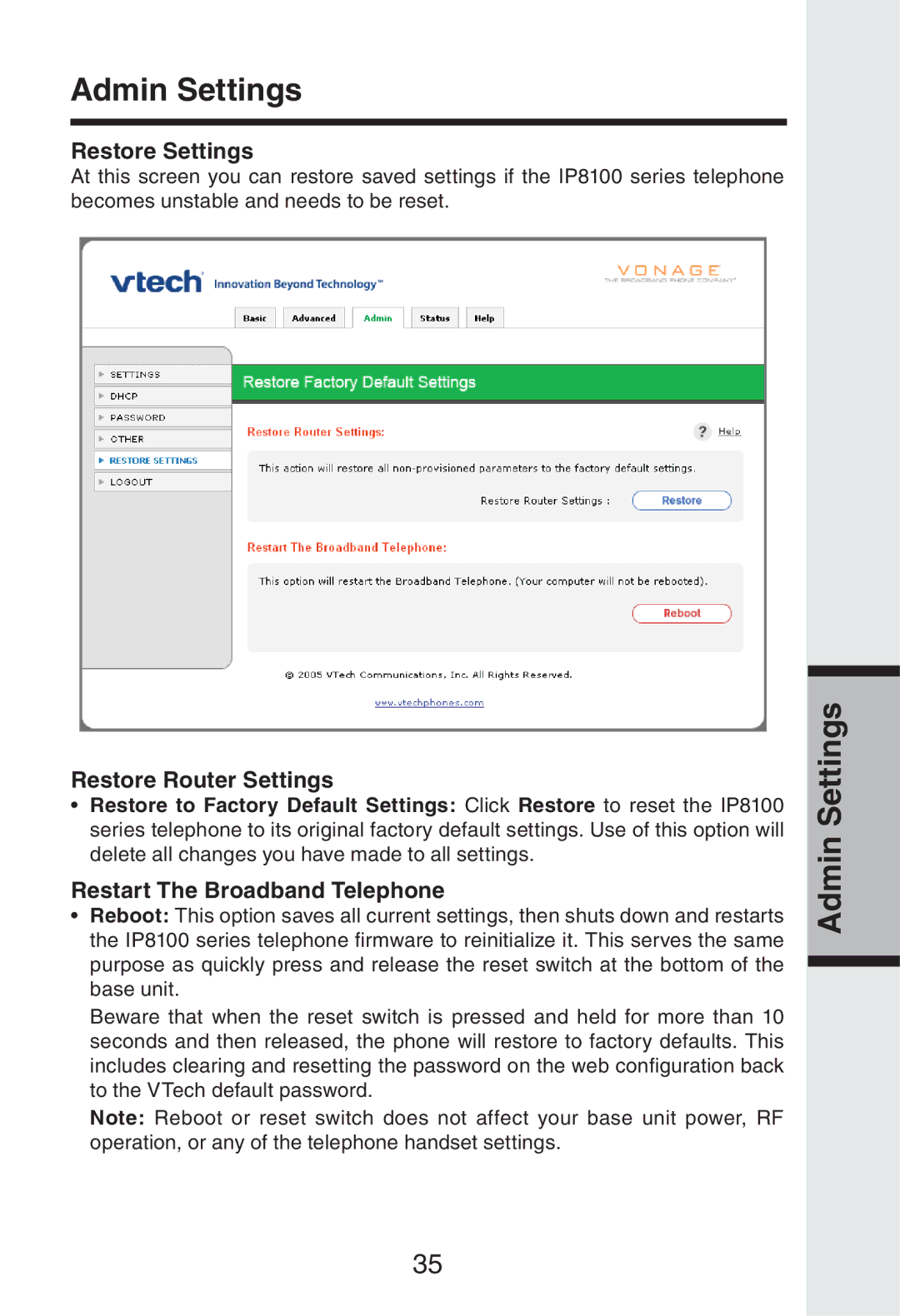 Vonage IP8100 manual Restore Settings, Restore Router Settings, Restart The Broadband Telephone 