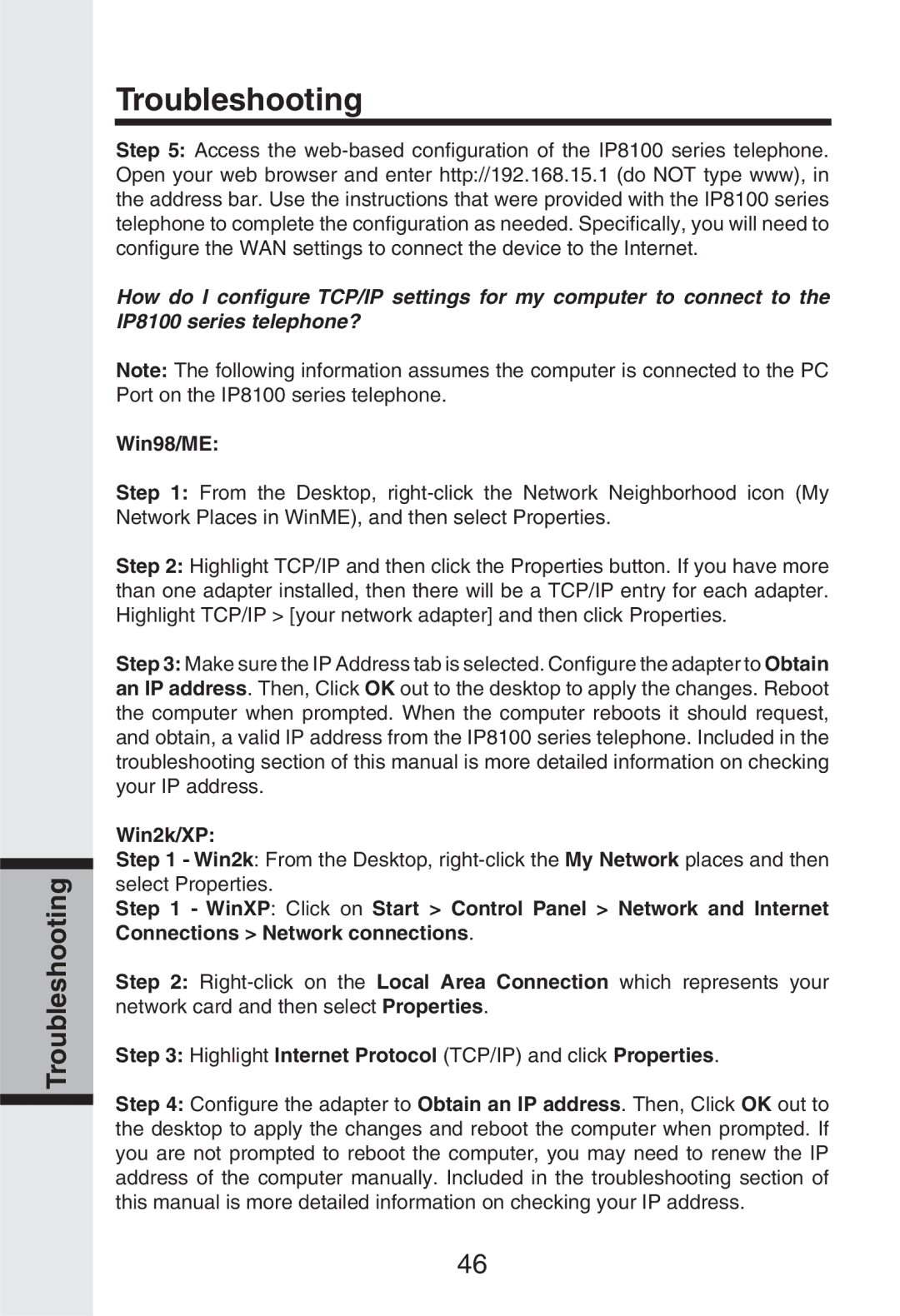 Vonage IP8100 manual Win98/ME, Win2k/XP, Highlight Internet Protocol TCP/IP and click Properties 