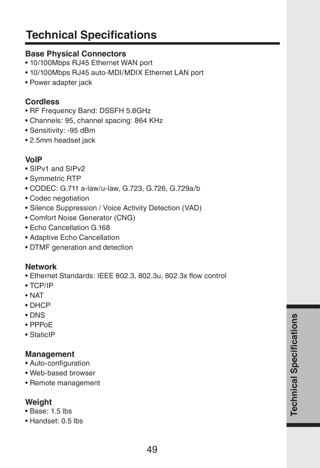 Vonage IP8100 manual Technical Speciﬁcations 