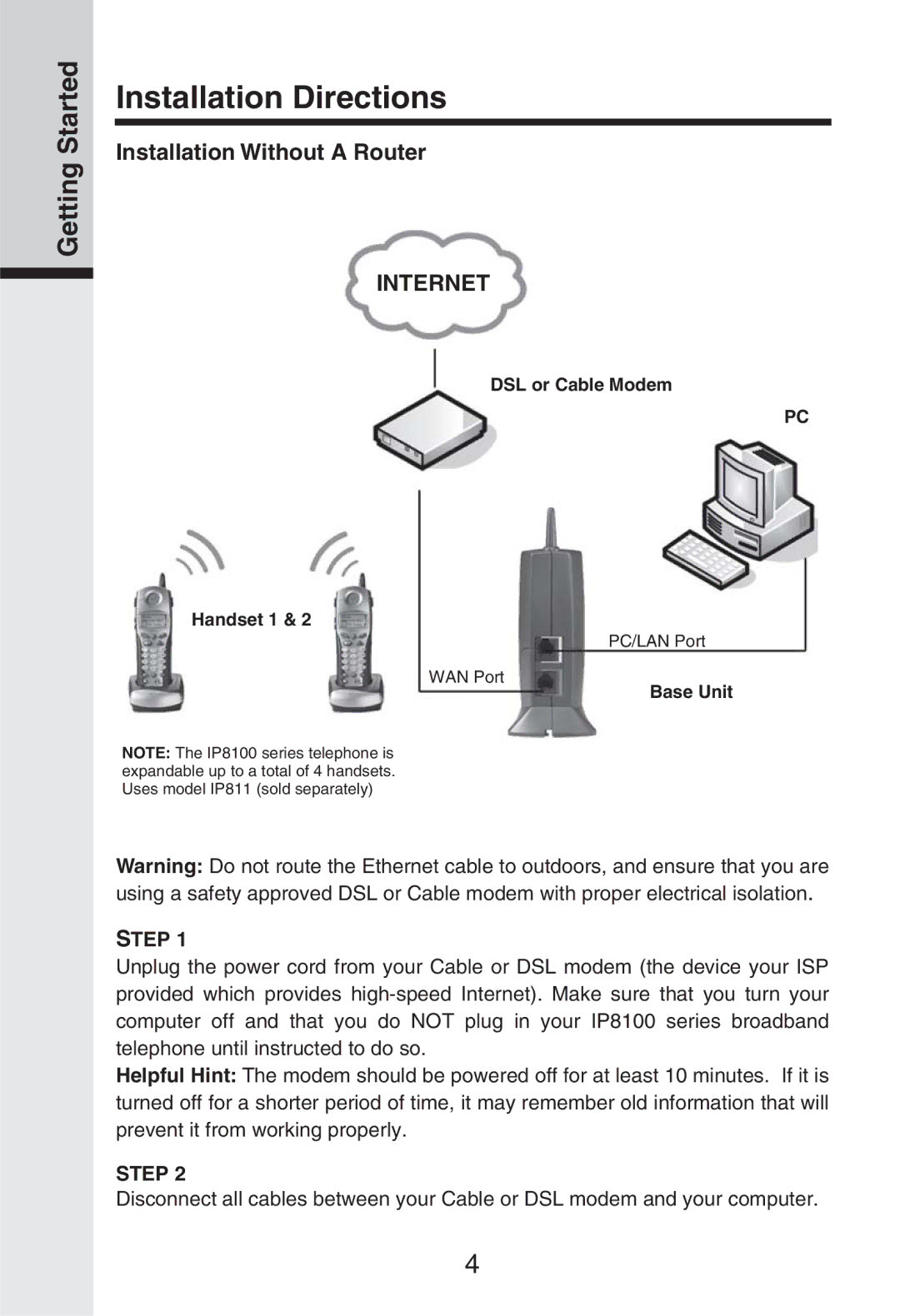 Vonage IP8100 manual Installation Directions, Installation Without a Router 