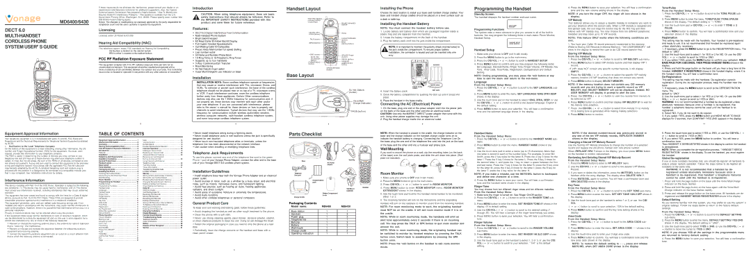 Vonage MD6430, MD6400 manual MULTI-HANDSET Cordless Phone System USER’ S Guide 